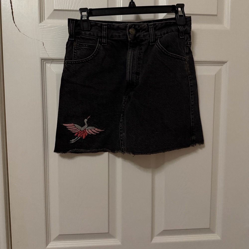 Bershka Black Denim Shorts with Pink Embroidery